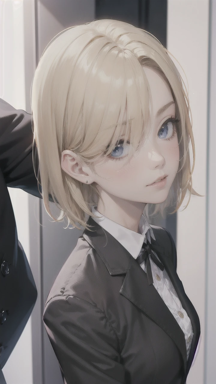portrait of european girl,solo,20yo,beautiful face,uppser body,hair over one eye,medium sidecut, blonde hair, sharp focus,black business suit