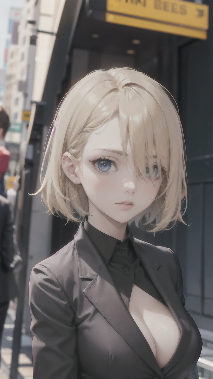 portrait of european girl,solo,20yo,beautiful face,uppser body,hair over one eye,medium sidecut, blonde hair, sharp focus,black business suit