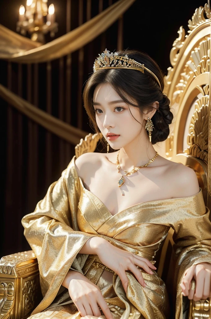 (((best quality))),(((ultra detailed))),(((masterpiece))),illustration,1 girl,solo,slim,thin,shoulder length straight bob hair,earrings,necklace,small breasts,flat chest,Asian appearance,princess,royal,Chinese palace,night scene,magnificent dragon gown,golden crown,intricate embroidery,luxurious fabric,precious stones,(sitting on the metallic throne:1.3),decorative patterns,rich decorations,luxurious furnishings,regal charm,beautiful face,gentle smile,bright eyes,historical,traditional,city lights,modernity,frozen moment,beauty of the past,evolution of time,from front,upper body,hands on thighs