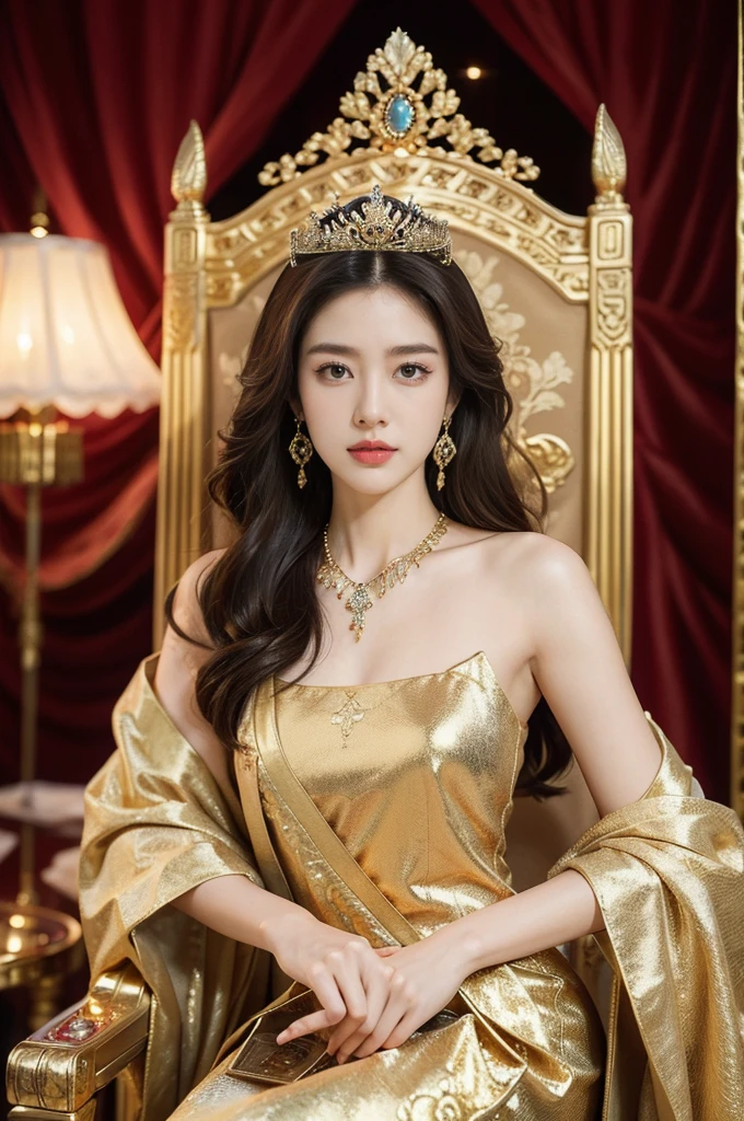 (((best quality))),(((ultra detailed))),(((masterpiece))),illustration,1 girl,solo,slim,thin,shoulder length straight bob hair,earrings,necklace,small breasts,flat chest,Asian appearance,princess,royal,Chinese palace,night scene,magnificent dragon gown,golden crown,intricate embroidery,luxurious fabric,precious stones,(sitting on the metallic throne:1.3),decorative patterns,rich decorations,luxurious furnishings,regal charm,beautiful face,gentle smile,bright eyes,historical,traditional,city lights,modernity,frozen moment,beauty of the past,evolution of time,from front,upper body,hands on thighs