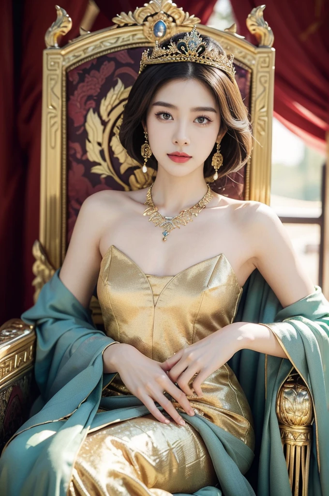 (((best quality))),(((ultra detailed))),(((masterpiece))),illustration,1 girl,solo,slim,thin,shoulder length straight bob hair,earrings,necklace,small breasts,flat chest,Asian appearance,princess,royal,Chinese palace,night scene,magnificent dragon gown,golden crown,intricate embroidery,luxurious fabric,precious stones,(sitting on the metallic throne:1.3),decorative patterns,rich decorations,luxurious furnishings,regal charm,beautiful face,gentle smile,bright eyes,historical,traditional,city lights,modernity,frozen moment,beauty of the past,evolution of time,from front,upper body,hands on thighs
