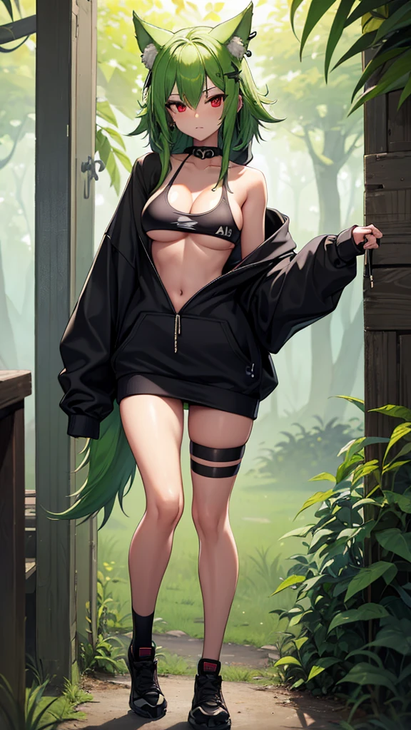 , Croped, , cleavage, slim waist, cropped hoodie underboob, cropped hoodieunderboobhoodie, 1girl, 2 wolf ears, wolf tail, marijuana crop hoodie, crop shorts, marijuana hoodie, spiky hair, spiky fur, green hair, red eyes,marijuana field, tight clothes, perfect eyes, perfect hands, clear resolution, full body, cleavage skin, marijuana plants, open hoodie, marijuana scenery, black thigh high socks, full body, earrings, 1girl, skirt, cleavage, slim waist, cleavage, slim waist, hair pulled back,