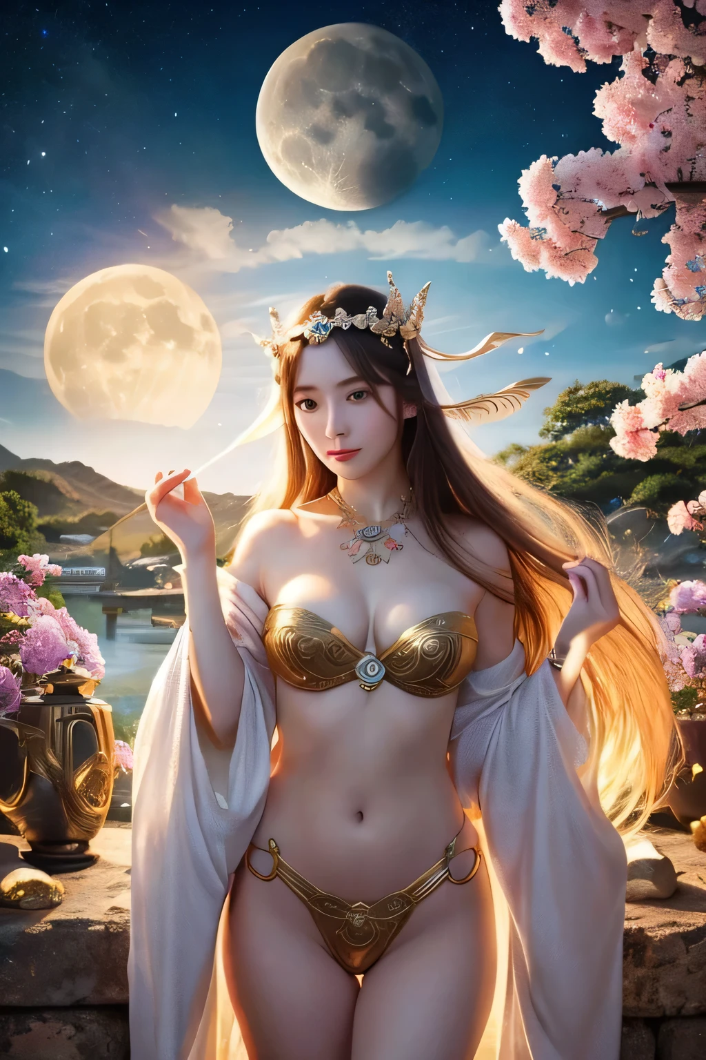 20 year old girl、Goddess Athena from the future、12 Constellation Pink Purple Goddess、Goddess Athena sexy face pale yellow nightgown、Long and sheer nightdress with 12 zodiac sign details sexy black lace、Athena, the mythical goddess from the future、Elegant glitter athena style 、dark and mysterious version、crown of athena、vermilion lips、Sexy lips、gentle smile、Bewitching、sexy、eros、Character created by Karol Bak and Pino Daeni、intricate details、detailed background、very detailed、light french、woman、Inside the face of the goddess Athena、profile、(big and round breasts:1.8)、(very big and attractive breasts:1.8)、phoenix hair brooch、long hair neatly tied up、(Long hair in 7 colors like a rainbow:1.9)、beautiful face Balanced eye detail and balance(transparent brown eyes:1.8)、Big round eyes and very nice and detailed makeup、Fantastic long silk nightgown、Mystical makeup、bracelet、Pale yellow bangs and dye、(cowboy shot :1.8 )、hanging arms、Realistic and vivid images、(The stars that make up Athena:1.7)、(Athena's portal of sky, time and imaginary space: 1.8)、fictional art、RAW photograph、Hanfu photography、best photography、High resolution、 best quality、best photography、8K quality、8K Extreme、Surrealism、best real economy photo、Athena autograph art portrait、1 back athena sign icon、single athena portrait、most faithful color scheme、best color photography、masterpiece、hair ornaments、necklace、 jewelry、beautiful face、Upper body、Tyndall effect、Optics、dark studio、border light、two tone light、(High-skin details: 1.2)、8k UHD、digital single lens reflex、soft light、high quality、volume light、natural、photograph、High resolution、4K quality、8k、Bokeh、smooth and sharp、10x pixels、enchanting athena、sexy athena、(background space: 1.8)、(striped galaxy: 1.7)、aurora、lightning、(aurora background: 1.8)、perfect eyes、 perfect eyes、Imagine a beautiful goddess and flowers。