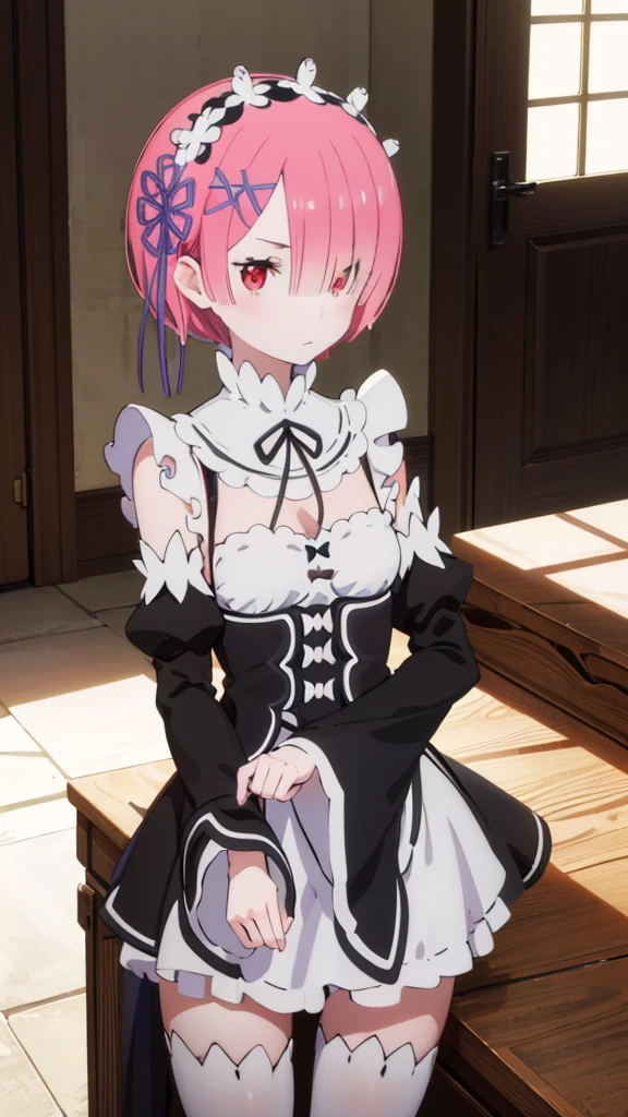 masterpiece, best quality, high resolution, best illustration, super fine illustration, (official art:0.7), (anime screencap:0.8), detailed beautiful face and eyes, anime keyvisual, (perfect anatomy:1.1), 
1girl,
ram, 
ram \(re:zero\),
short hair, 
pink hair, 
(red eyes:1.2), (beatiful detailed eyes:1.2), 
maid headdress,  ribbon, x hair ornament, 
medium breasts, 
maid uniform, frilled apron, detached black sleeves, white tights, cold Shoulder, 
looking at viewer, 
cowboy shot, 
natural light, background of indoor, 