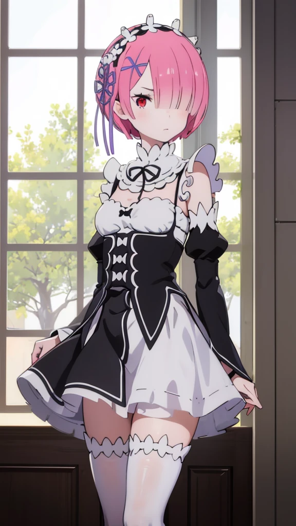 masterpiece, best quality, high resolution, best illustration, super fine illustration, (official art:0.7), (anime screencap:0.8), detailed beautiful face and eyes, anime keyvisual, (perfect anatomy:1.1), 
1girl,
ram, 
ram \(re:zero\),
short hair, 
pink hair, 
(red eyes:1.2), (beatiful detailed eyes:1.2), 
maid headdress,  ribbon, x hair ornament, 
medium breasts, 
maid uniform, frilled apron, detached black sleeves, white tights, cold Shoulder, 
looking at viewer, 
cowboy shot, 
natural light, background of indoor, 