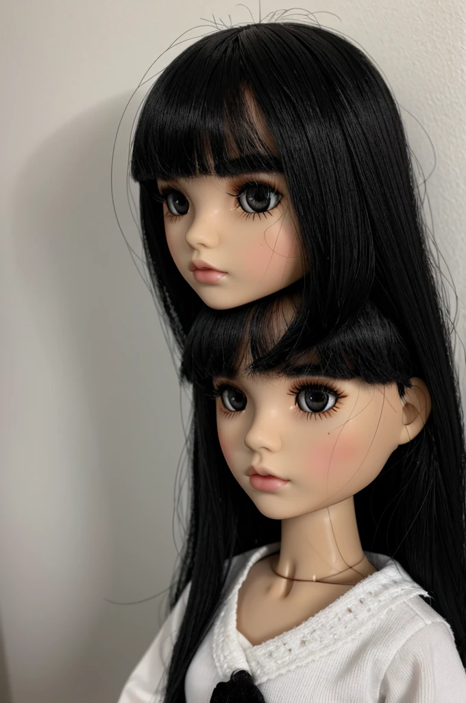 Single Blythdoll with full black eyes and black eyebrows, has eyeliner, black hair and thin bangs, fair white skin color, black clothes, face only.