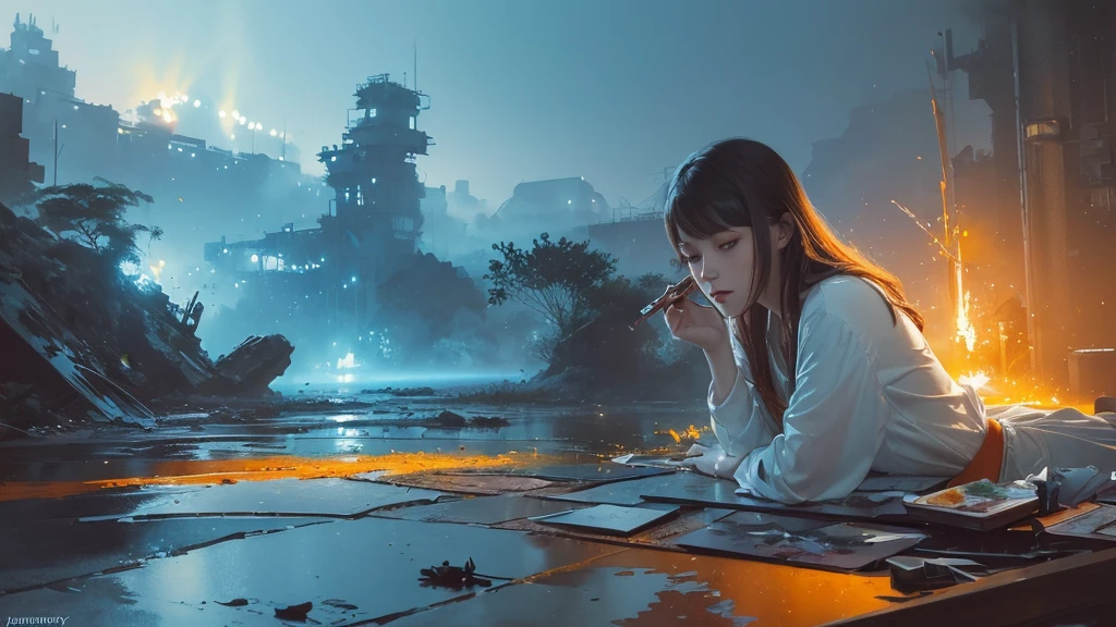 32k, Masterpiece, Highest quality, One girl, Detailed eyes, flower,gladiolus, Light blue and orange style,A dreamy, romantic piece,Pale yellow, Mysterious Leaves,A playful arrangement,Fantasy,High Contrast,Ink strokes,explosion,Exposure, Impression of light blue and orange tones,Abstract,((Watercolours by John Berkey and Jeremy Mann )) Brush strokes,Negative Space, Tyndall effect,