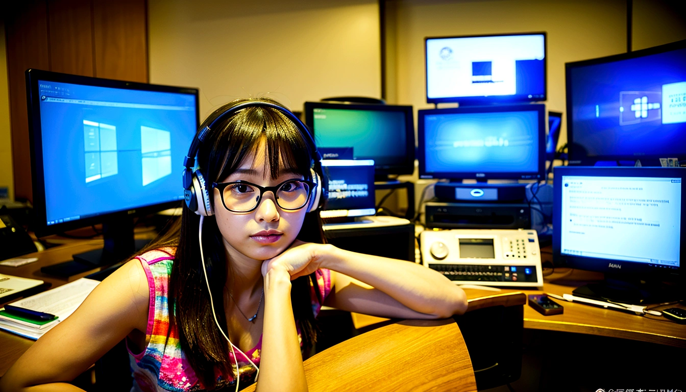 Inside the room、Girl in headphones looking at the monitor、Glasses are worn by Kurone.