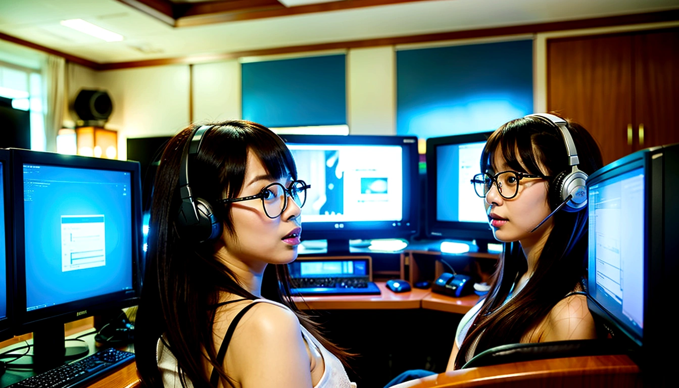 Inside the room、Girl in headphones looking at the monitor、Glasses are worn by Kurone.