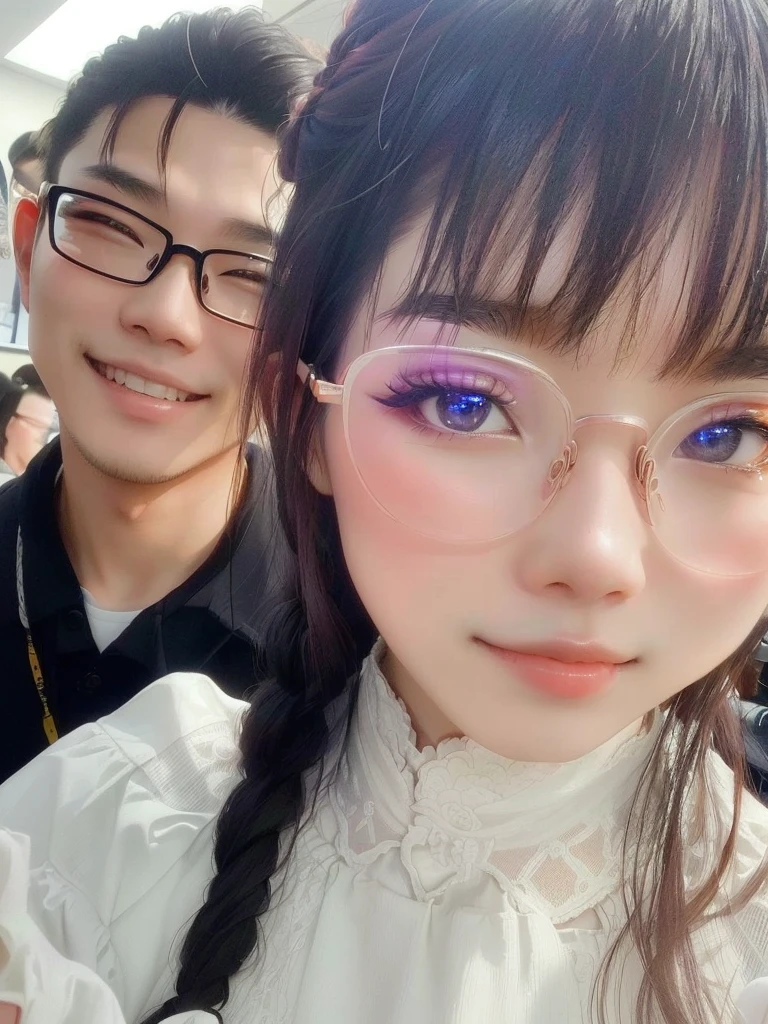 Two people are taking a photo together, 8k selfie photo, very Very low quality, wear glasses, mine, very Very low quality picture, Belle Delphine, xintong chen, Very low quality, wenfei ye, Wearing long, round glasses, wear glasses, from China, xision wu, yanjun chengt, dragon