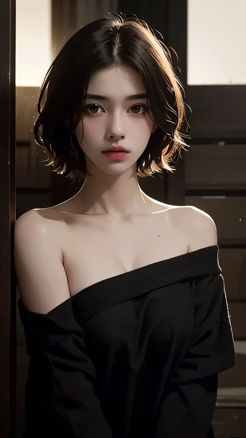 best quality, masterpiece, Ultra-high resolution, (Reality:1.5), original photo, 1 girl, Off-shoulder, in the darkness, Deep Shadows, Low profile, Cold Light, Sexy look, short hair