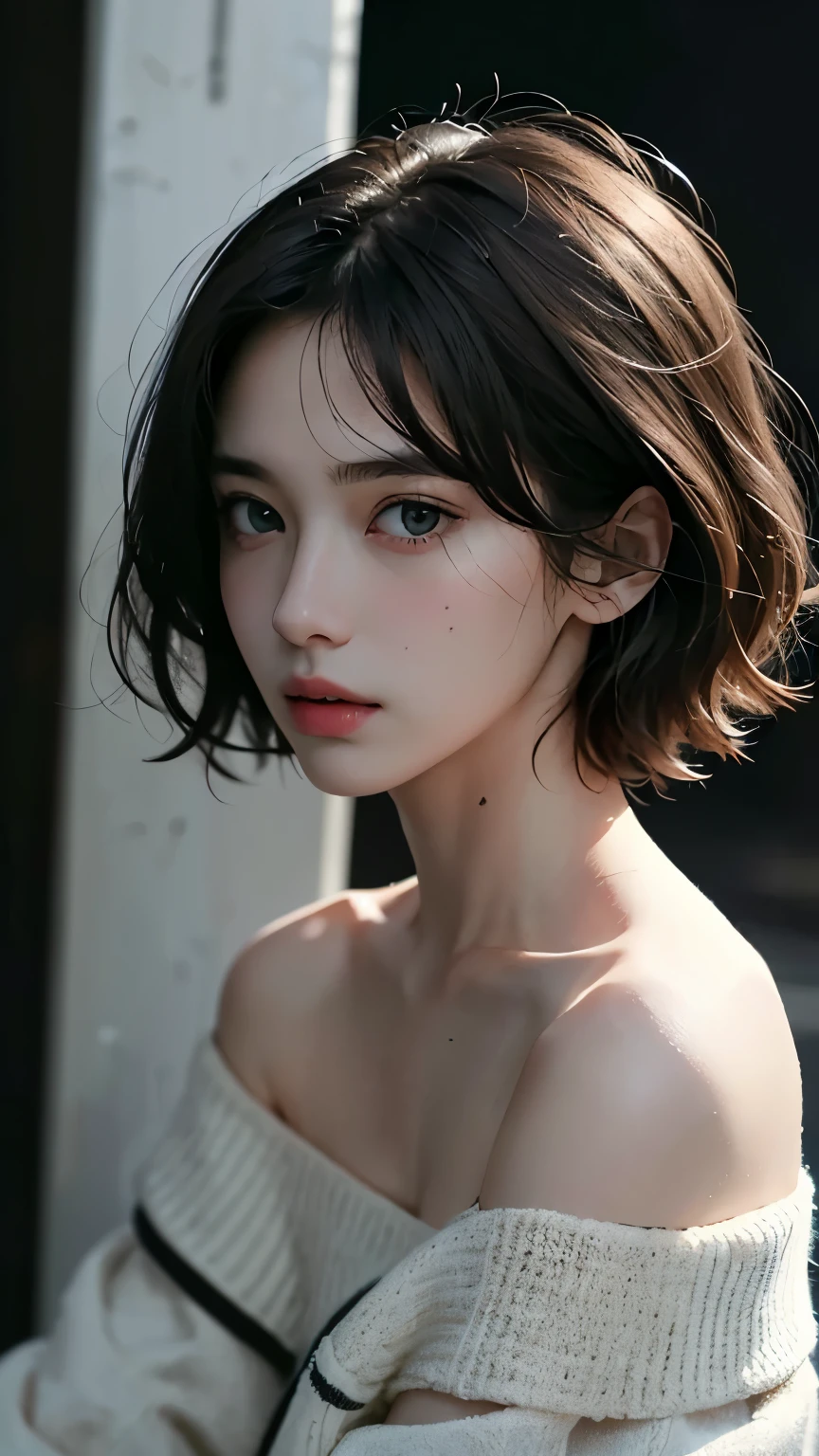 best quality, masterpiece, Ultra-high resolution, (Reality:1.5), original photo, 1 girl, Off-shoulder, in the darkness, Deep Shadows, Low profile, Cold Light, Sexy look, short hair