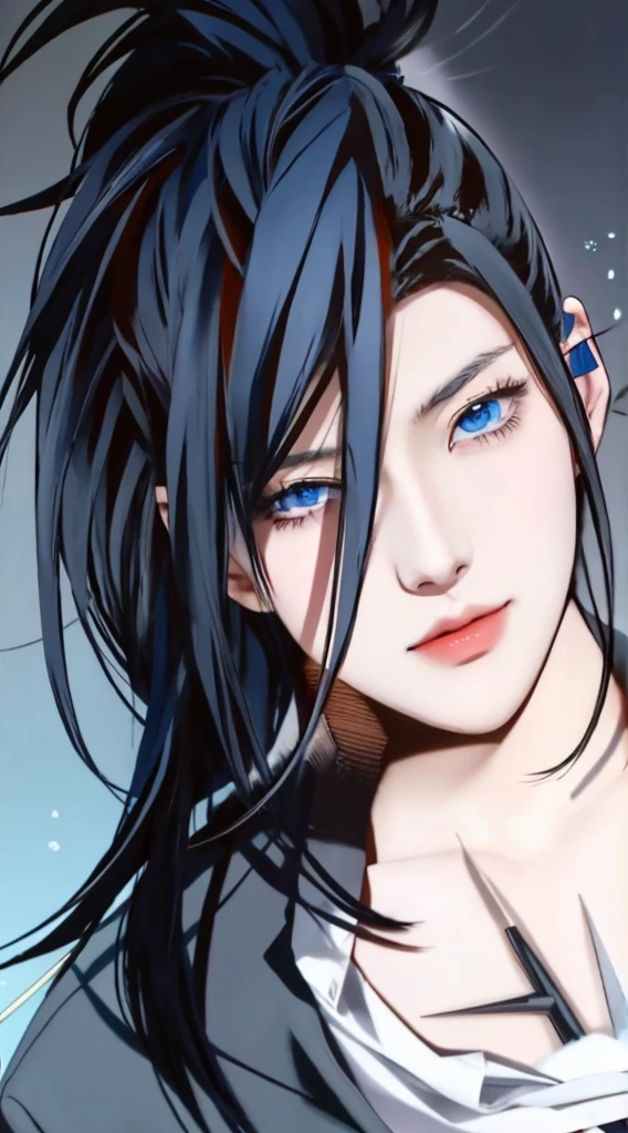 anime boy with orange black hair and dark blue eyes in a suit, anime guy with dark blue eyes, anime handsome man, realistic, ultra details