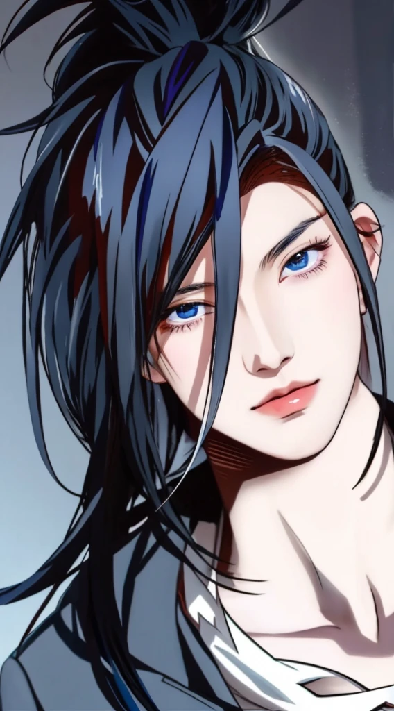 anime boy with orange black hair and dark blue eyes in a suit, anime guy with dark blue eyes, anime handsome man, realistic, ultra details