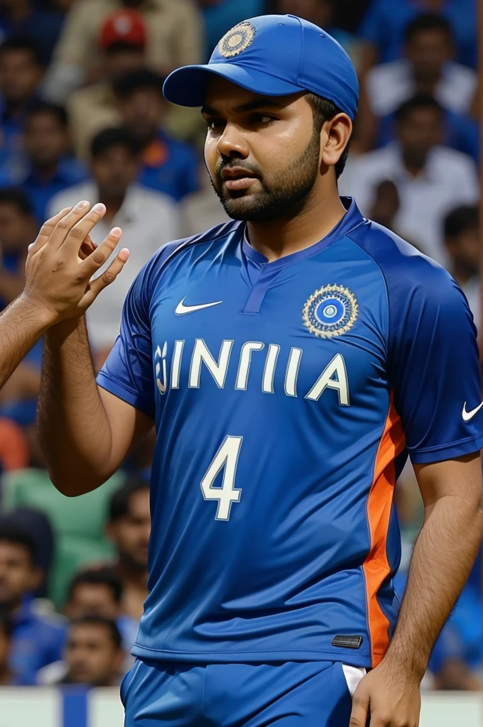 – a teanage boy wearing indian cricket team jersey name Rohit Sharma number 45 showing his back and hand shake with Rohit Sharma