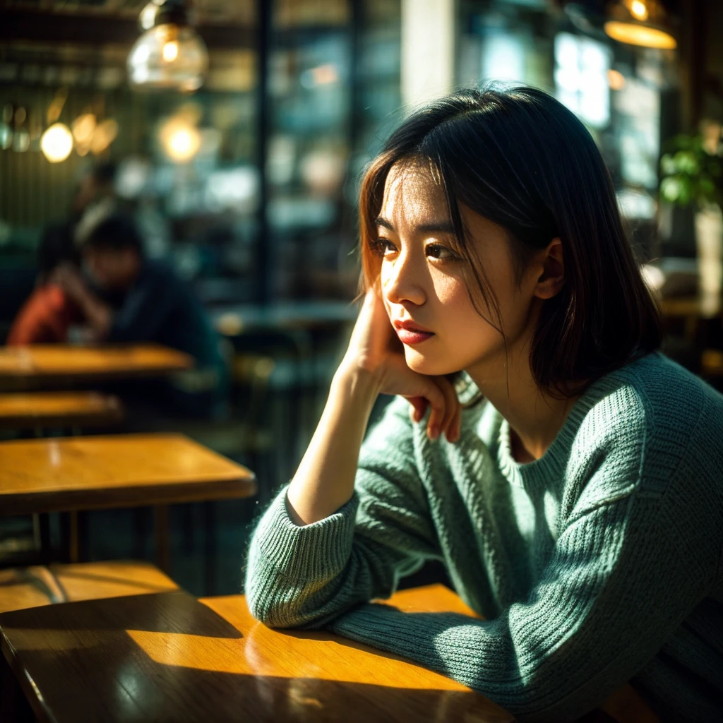 "A lonely woman sitting in the corner of a cozy café, surrounded by people yet isolated. She appears deep in thought, her expression reflecting sadness and solitude. The scene is softly lit, with warm, ambient light casting gentle shadows. The background shows blurred, indistinct faces of other café patrons, emphasizing her feeling of disconnection.
The background should include elements of nature, symbolizing growth and healing, and a subtle light breaking through, indicating hope and new beginnings.""。 High resolution, masterpiece, Highest quality, Intricate details, Very detailed, Clear focus, Delicate skin, practical skin texture, texture, Delicate eyes, Professional, 4K, Shot with Canon, 85mm, Shallow and deep, Kodak Vision Color, Exactly, Very detailed, photograph_\(Extremist\), photographpractical, practical, Post-processing, Maximum details, Roughness, Real Life, Extremist practical, Photorealism, photographgraphy, 8K Ultra HD, photographgraphy