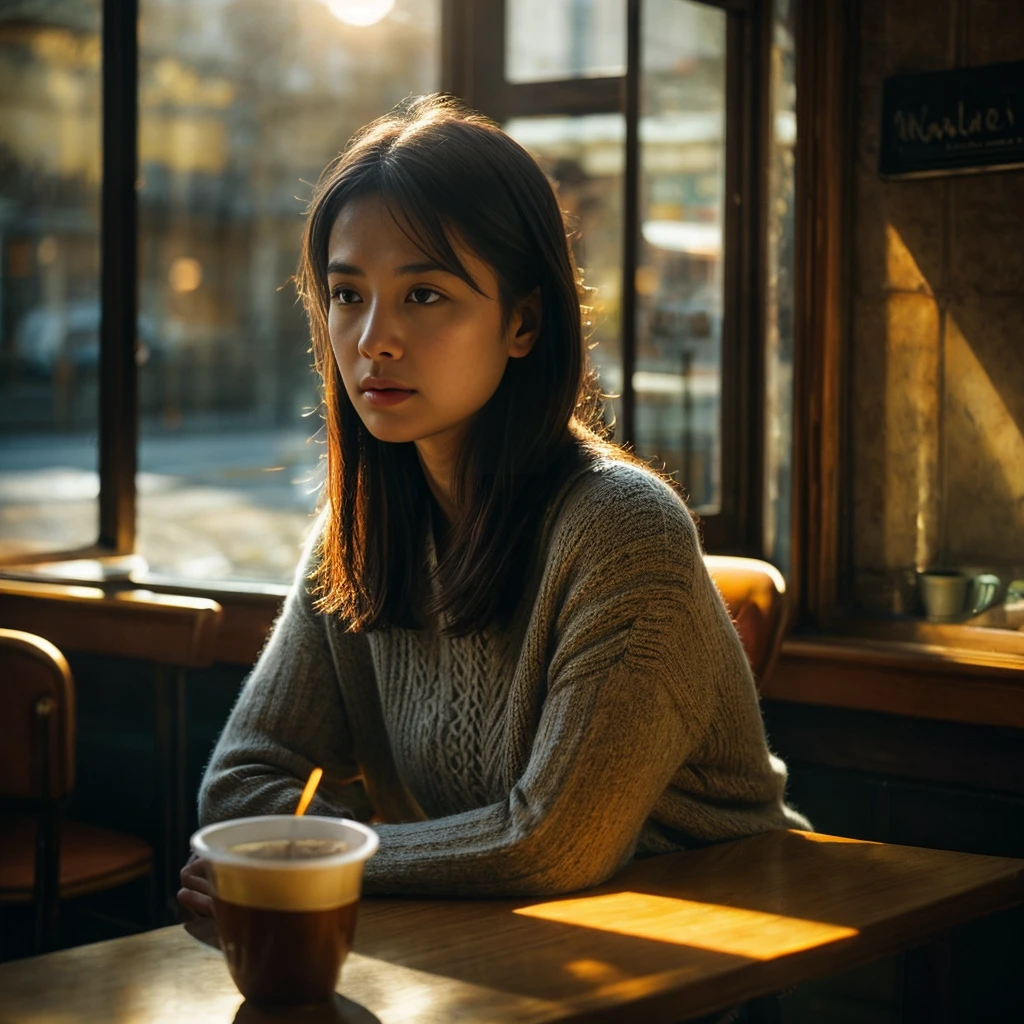 "A lonely woman sitting in the corner of a cozy café, surrounded by people yet isolated. She appears deep in thought, her expression reflecting sadness and solitude. The scene is softly lit, with warm, ambient light casting gentle shadows. The background shows blurred, indistinct faces of other café patrons, emphasizing her feeling of disconnection.
The background should include elements of nature, symbolizing growth and healing, and a subtle light breaking through, indicating hope and new beginnings.""。 High resolution, masterpiece, Highest quality, Intricate details, Very detailed, Clear focus, Delicate skin, practical skin texture, texture, Delicate eyes, Professional, 4K, Shot with Canon, 85mm, Shallow and deep, Kodak Vision Color, Exactly, Very detailed, photograph_\(Extremist\), photographpractical, practical, Post-processing, Maximum details, Roughness, Real Life, Extremist practical, Photorealism, photographgraphy, 8K Ultra HD, photographgraphy
