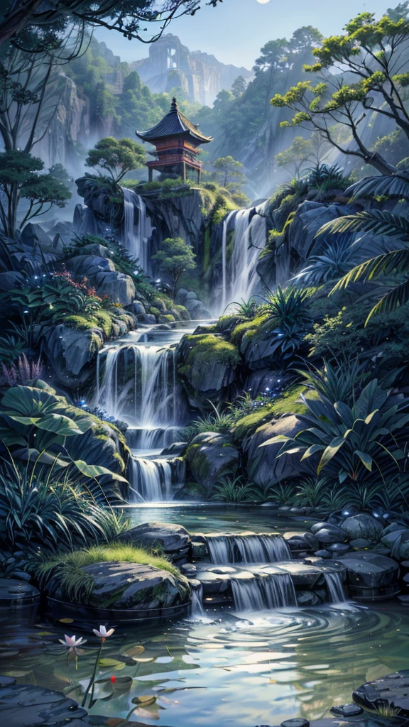 Ancient Chinese architecture, garden, bamboo, lake, stone bridge, rockery, arch, corner, rockery, tree, flowing water, landscape, outdoor, waterfall, meadow, rock, water lily, stream, lotus, moon, night view, hot springs, water vapor, (illustration: 1.0), epic composition, realistic lighting, high-definition detail, masterpiece, best quality, (very detailed CG unified 8k wallpaper), (best quality)