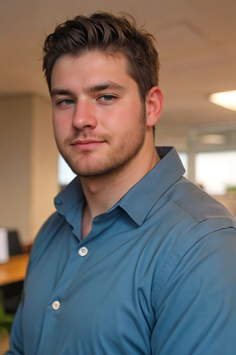 European male, office worker, serious, kind, beautiful skin, no beard, portrait, positive, slightly overweight
