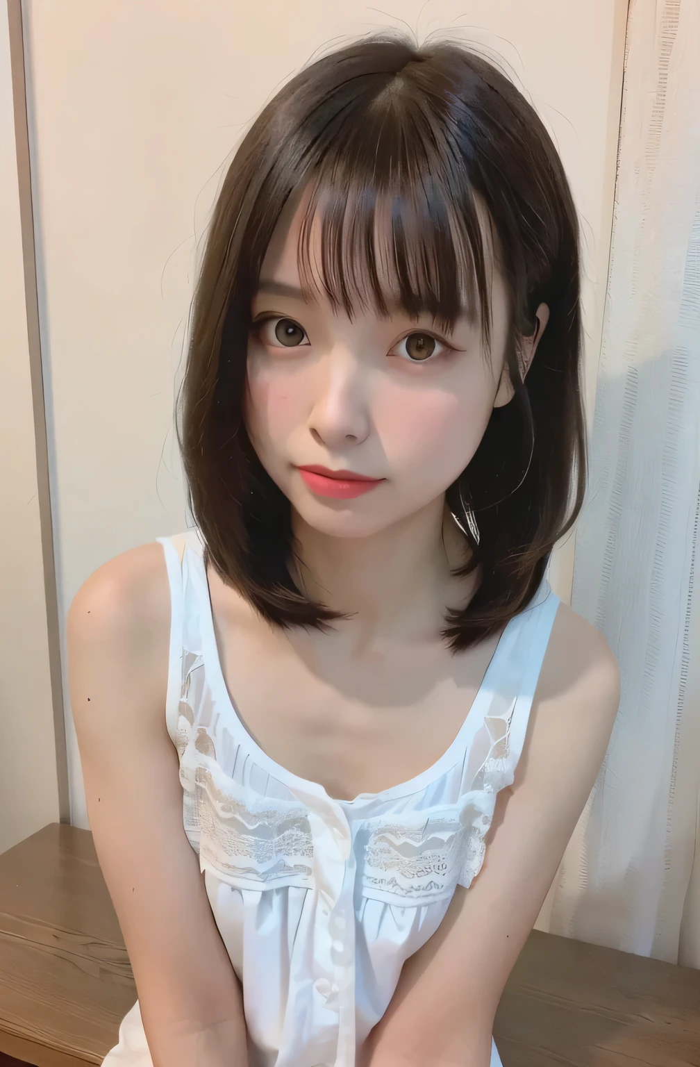 nude, (panties, thigh: 1.1), ((Highest quality, 8K, Tabletop: 1.3, RAW Photos)), Sharp focus: 1.2, (1. AESPA Girl :1.1), (alone: 1.15), (Realistic, Realistic: 1.37), (Face Focus: 1.1), Cute face, Ultra detailed face, Bob cut with bangs, Medium chest, Cafe, Night Bar, From below