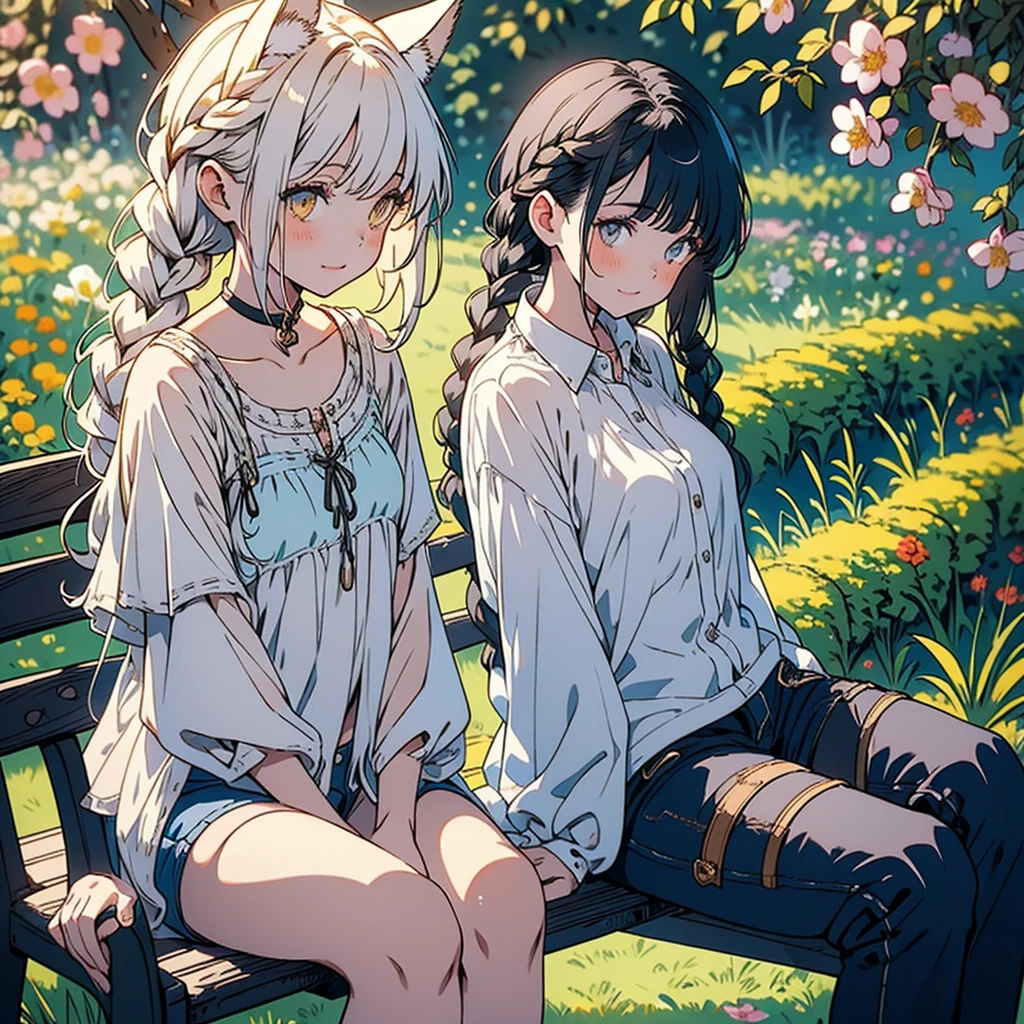Girl with dog ears and tail, erect ears, honey yellow eyes, Highly detailed eyes, long hair and(( White)) with a small braid on the sides, denim shorts, translucent blouse, whole body, looking up, open mouth smile, big chest, beautiful body, detailed face y con amplia gama de gestos, sitting on a bench around a garden with flowers of various colors, detailed background, detailed face, Play of light and shadows, cinematographic, high quality, 8k, Masterpiece,