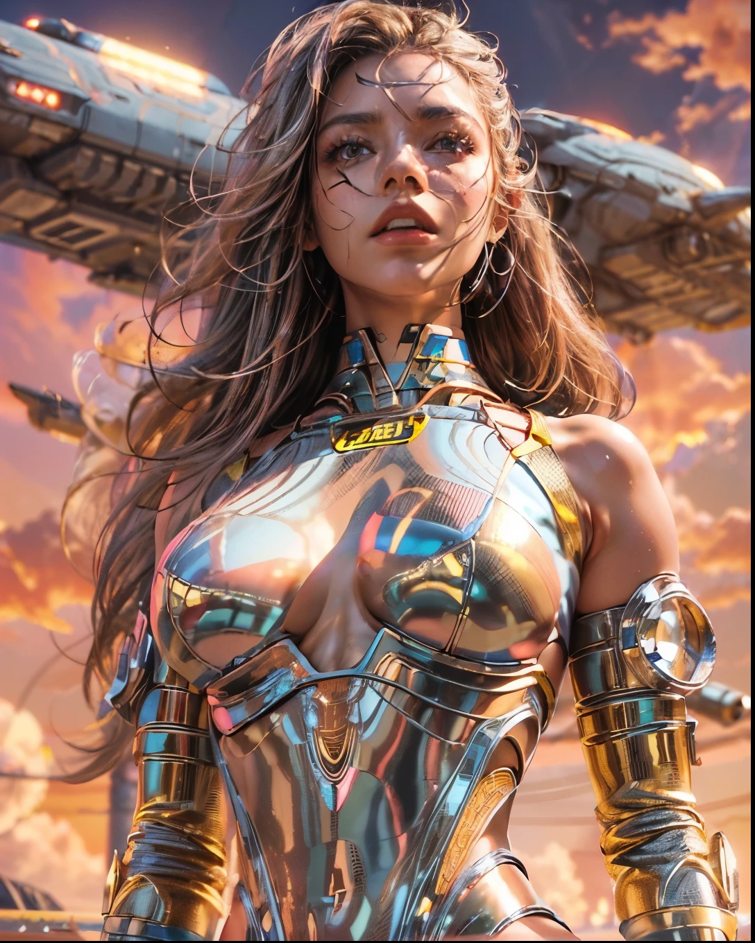 (((low angle shot))), ((women fighting in war wearing ultra thin translucent  with gorgeous muscular long legs)), ((pink silver black)), prismatic, reflective, ((ultra perfect flowing hairstyle)), (((huge natural , tan lines))), ((perfect radiant skin color)), ((super colourful)), (((cinematic sunset gorgeous skies))), (((detailed spaceship background and incredibly sci-fi retro art masterpiece))), (((1:1 scale proportions))), ((science fiction)), ((chrome spaceships)), (((ultra photorealistic realism))), ((Smooth curves, clean lines, streamlined, functional aesthetics, reflective surfaces, integrated lighting, giant floating spaceships, engraved Egyptian and spiritual motifs)), ((acrylic plastic robot))