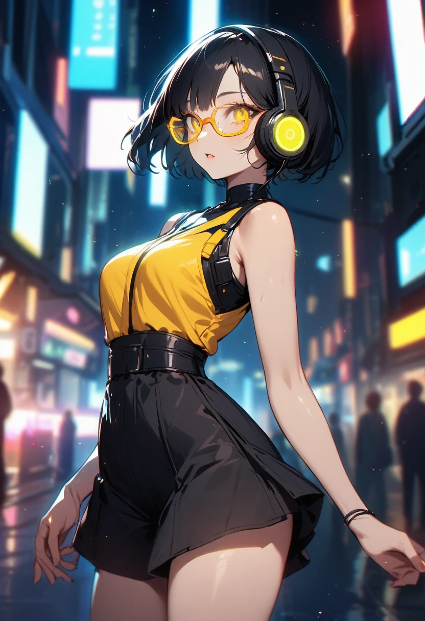 (blurry background:1.3), (extremely detailed fine touch:1.3), (super very black short hair:1.3), BREAK (((yellow underrim glasses:1.3))), (headphones:1.2), BREAK (cybercity:1.3), (asian cyberpunk:1.3), (neon:1.3), (innovative design:1.3), (nice view:1.3), (deep space:1.3), BREAK, kimono, bare legs, bare arms,