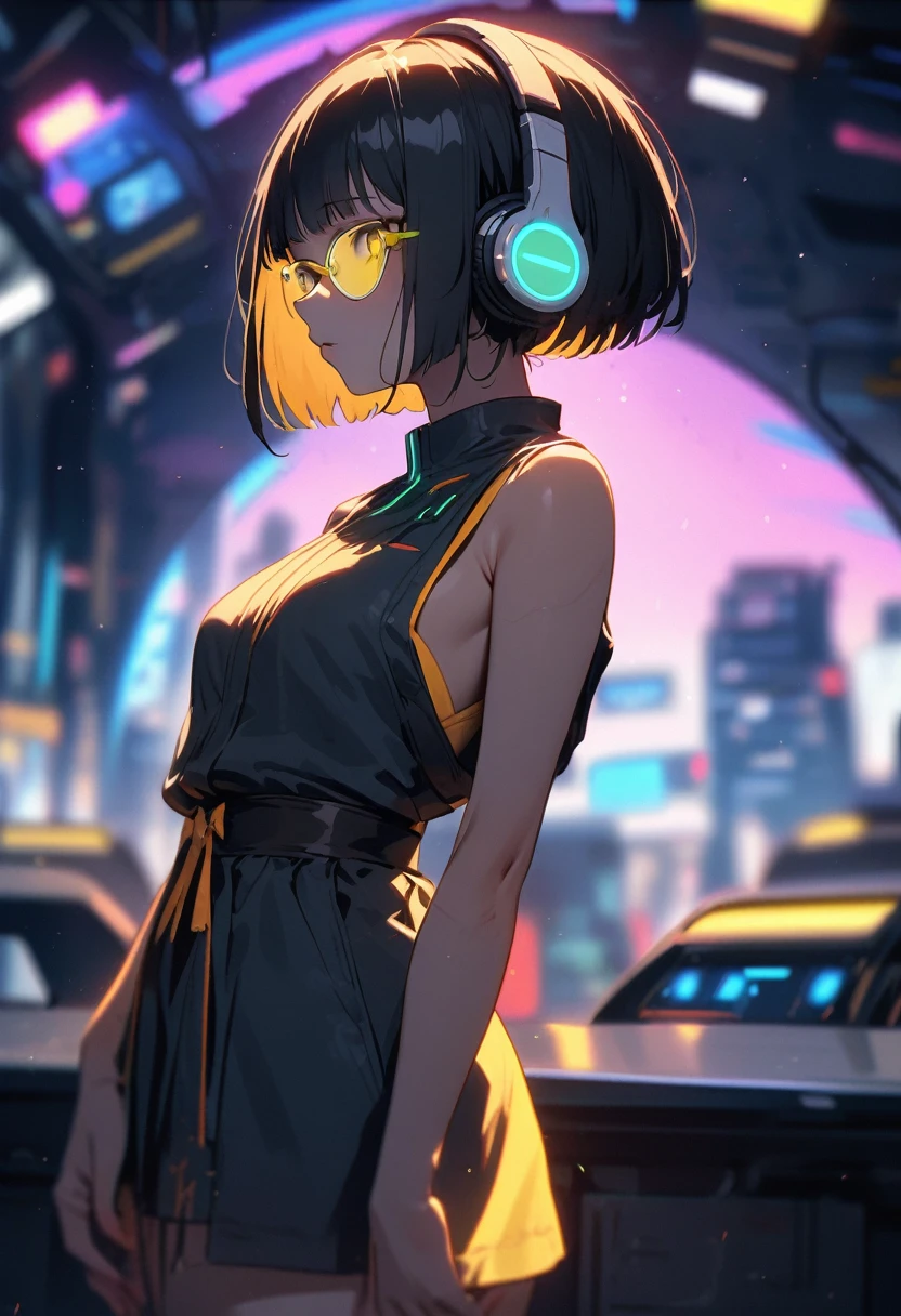 (blurry background:1.3), (extremely detailed fine touch:1.3), (super very black short hair:1.3), BREAK (((yellow underrim glasses:1.3))), (headphones:1.2), BREAK (cybercity:1.3), (asian cyberpunk:1.3), (neon:1.3), (innovative design:1.3), (nice view:1.3), (deep space:1.3), BREAK, kimono, bare legs, bare arms,