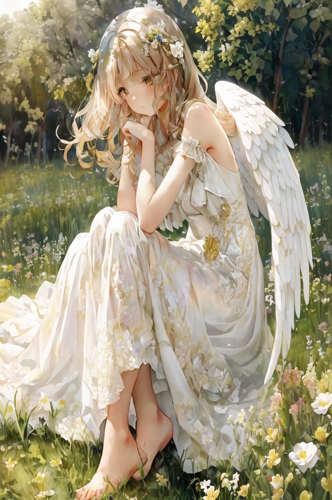 (Highest quality)(Masterpiece)、Woman in a white dress sitting in a flower field、Beautiful angel、美しいAngelic女の子、Beautiful angel、Beautiful woman angel、美しいAngelic肖像画、美しいAngelic肖像画、美しいAngelic女の子の肖像画、A majestic angel、Angelic翼を持つ少女、Angelic女の子、美しいAngelic翼、with beautiful wings、Angelic、Angelic、Angelic純粋さ