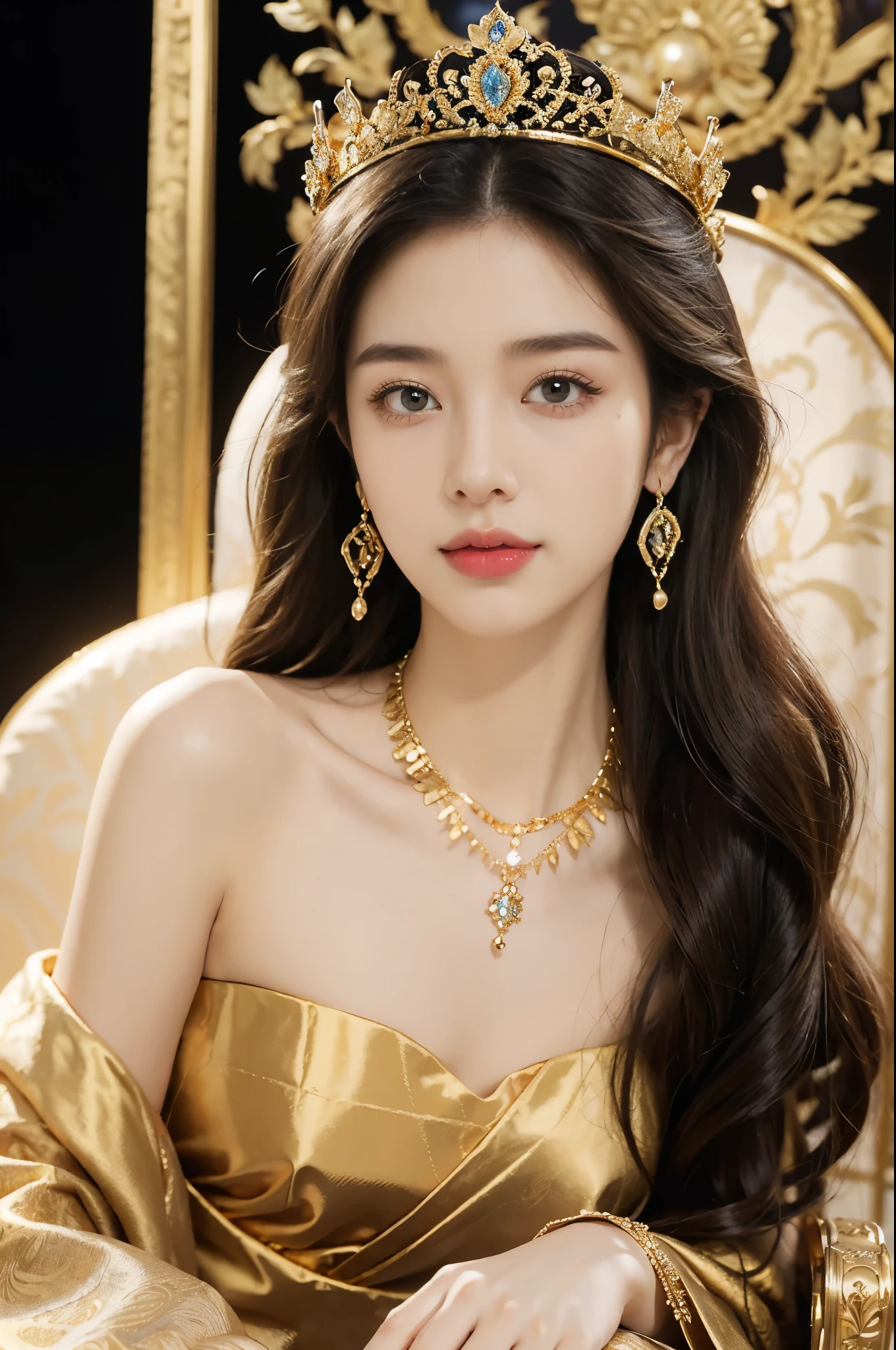 (((best quality))),(((ultra detailed))),(((masterpiece))),illustration,1 girl,solo,slim,thin,shoulder length straight bob hair,earrings,necklace,small breasts,flat chest,Asian appearance,princess,royal,Chinese palace,night scene,strapless magnificent bra,golden crown,intricate embroidery,luxurious fabric,precious stones,(sitting on the metallic throne:1.3),decorative patterns,rich decorations,luxurious furnishings,regal charm,beautiful face,gentle smile,bright eyes,historical,traditional,city lights,modernity,frozen moment,beauty of the past,evolution of time,from front,close-up of face