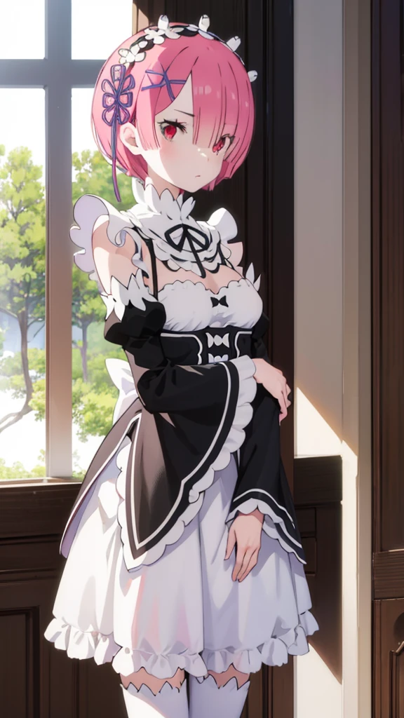 masterpiece, best quality, high resolution, best illustration, super fine illustration, (official art:0.8), (anime screencap:0.9), detailed beautiful face and eyes, anime keyvisual, (perfect anatomy:1.1), 
1girl,
ram, 
ram \(re:zero\),
short hair, 
pink hair, 
(red eyes:1.2), (beatiful detailed eyes:1.2), 
maid headdress,  ribbon, x hair ornament, 
medium breasts, 
maid uniform, frilled apron, detached black sleeves, white tights, cold Shoulder, 
looking at viewer, 
cowboy shot, 
natural light, background of indoor, 