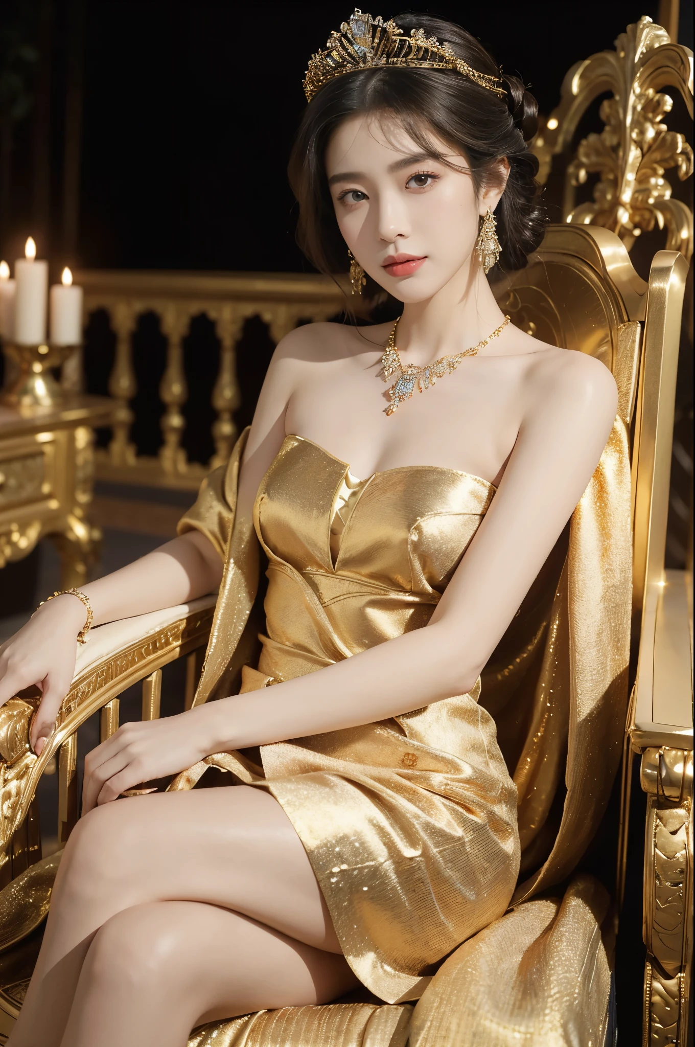 (((best quality))),(((ultra detailed))),(((masterpiece))),illustration,1 girl,solo,slim,thin,shoulder length straight bob hair,earrings,necklace,small breasts,flat chest,Asian appearance,princess,royal,Chinese palace,night scene,strapless magnificent bra,golden crown,intricate embroidery,luxurious fabric,precious stones,(sitting on the metallic throne:1.3),decorative patterns,rich decorations,luxurious furnishings,regal charm,beautiful face,gentle smile,bright eyes,historical,traditional,city lights,modernity,frozen moment,beauty of the past,evolution of time,from front,close-up of face