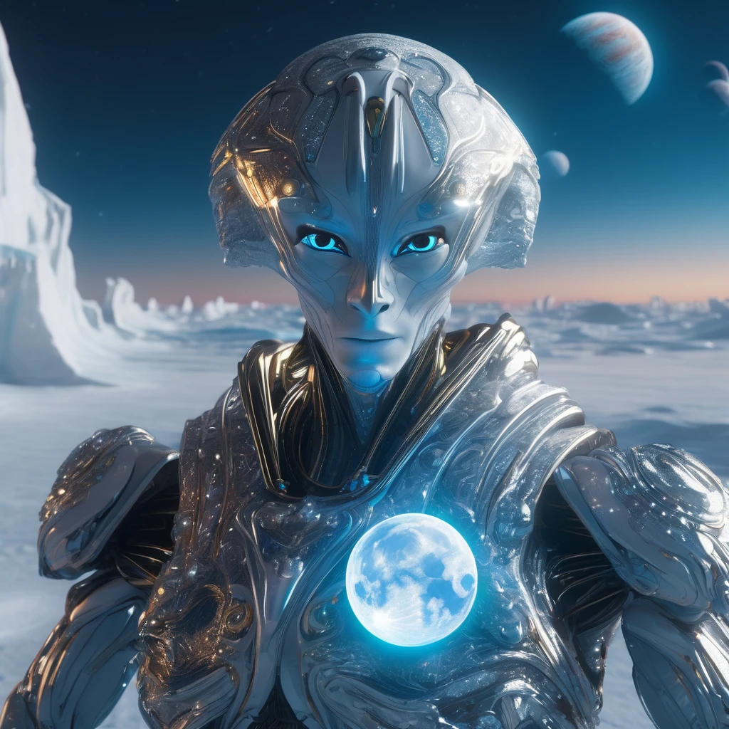 A humanoid creature that lives under 3 niles of ice in Jupiter,s moon Titan watches Tik Tok on his ai device.highly detailed 8k cinematic photography 1080pp