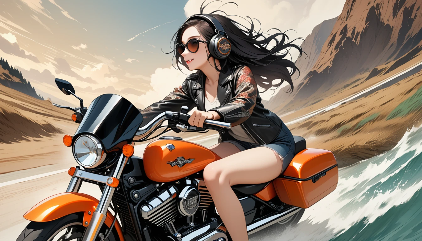 ((8k of extremely detailed CG unit, Masterpiece, high resolution, highest quality, highest quality real texture skin)), (((profile))), (((Japanese pattern leather jacket))), (((Harley-Davidson))), (((Japanese style headphones))), (((sunglasses))), (((Smiling while driving))), (((Japanese patterned helmet))), ((1 girl)), (Black hair, messy hair, beige skin), (surreal, digital painting)