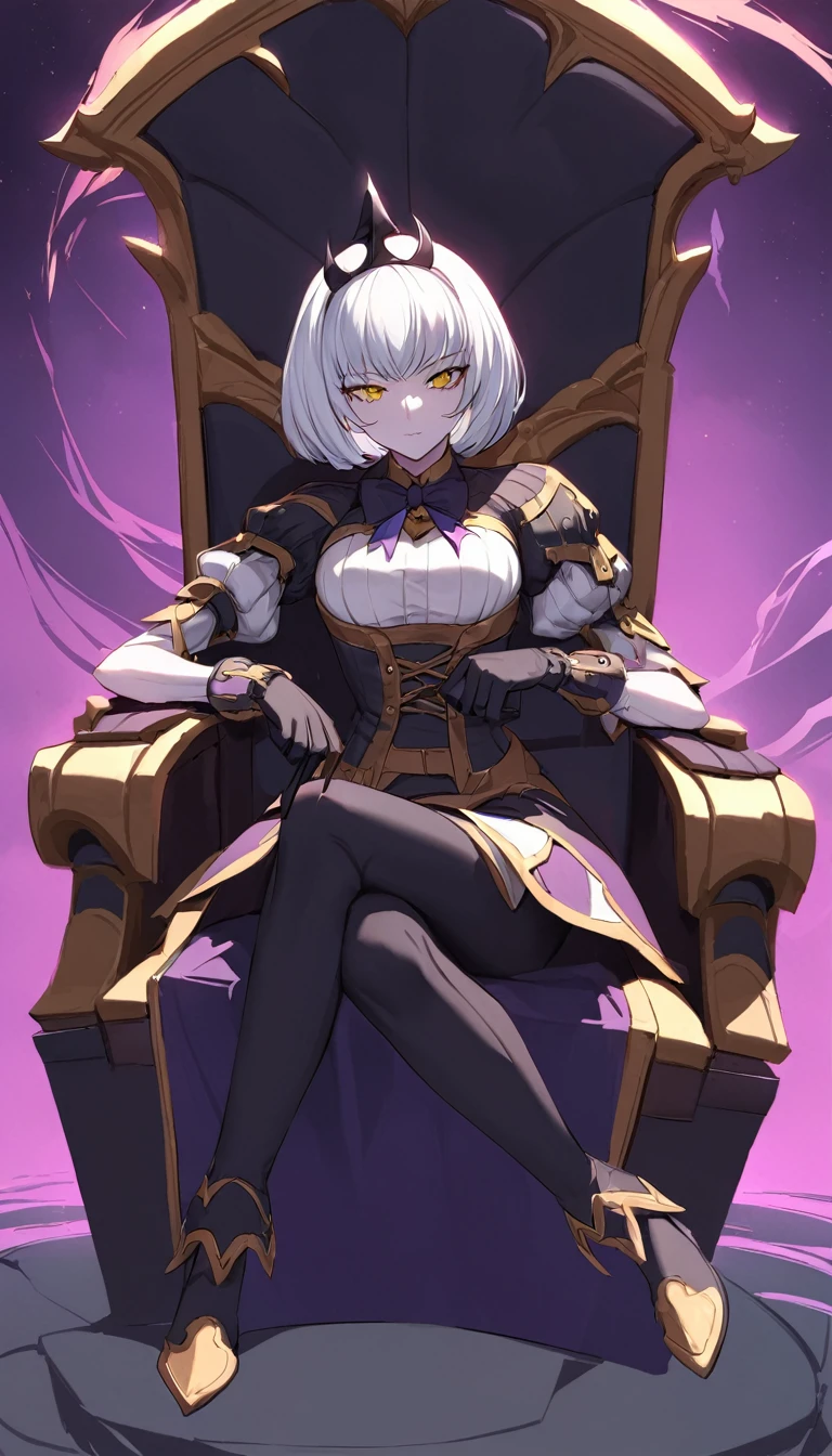 Sae Niijima | Persona 5, there is a woman sitting in a chair, holding cane, visible cane, white hair, long hair, yellow eyes, V-neck Prom Dress, bloodborne style, sitting on chair. intricate, grim-hatter, the madhatter, dishonored style, rococo cyberpunk, victorian vampire, inspired victorian sci - fi, zerochan art, inspired by J. J. Grandville,
