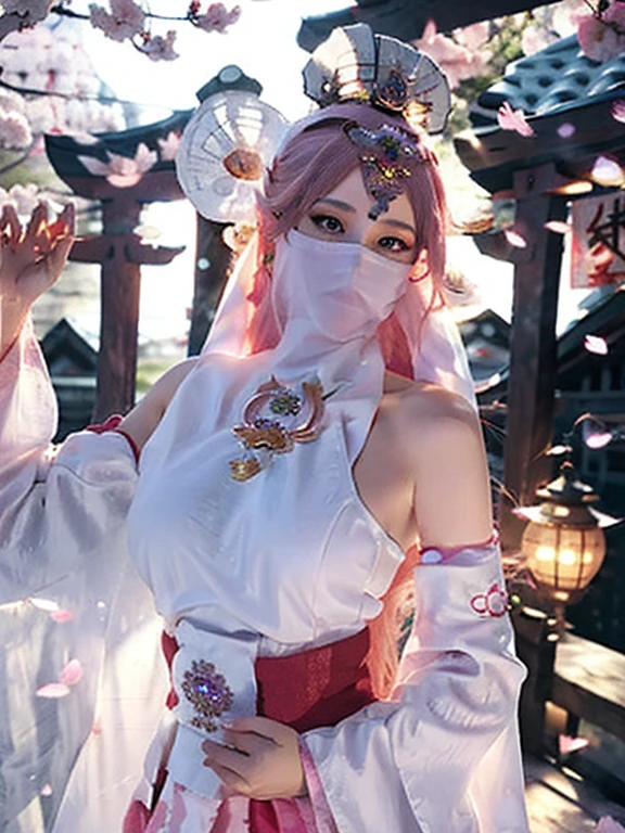1girl, (ulzzang-6500:0.725), Detail Beautiful delicate face, Detail Beautiful delicate eyes, kpop idol, yae miko, detached sleeves, bare shoulders, pink hair, long hair, best quality, (photorealistic:1.2), (hair ornament:1.35), jewelry, purple eyes, earrings,, large breasts, torii, cherry blossoms, lantern light, depth of field, detailed face, face focus, (looking at viewer:1.25), shiny skin, long sleeves, wearing face veil, (white face veil, silk mask veil:1.2), game cg, thighhighs, hands on lips, east asian architecture, blurry background, full body, arms behind back