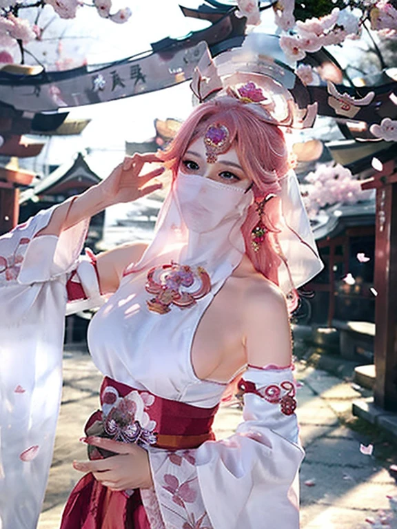 1girl, (ulzzang-6500:0.725), Detail Beautiful delicate face, Detail Beautiful delicate eyes, kpop idol, yae miko, detached sleeves, bare shoulders, pink hair, long hair, best quality, (photorealistic:1.2), (hair ornament:1.35), jewelry, purple eyes, earrings,, large breasts, torii, cherry blossoms, lantern light, depth of field, detailed face, face focus, (looking at viewer:1.25), shiny skin, long sleeves, wearing face veil, (white face veil, silk mask veil:1.2), game cg, thighhighs, hands on lips, east asian architecture, blurry background, full body, arms behind back