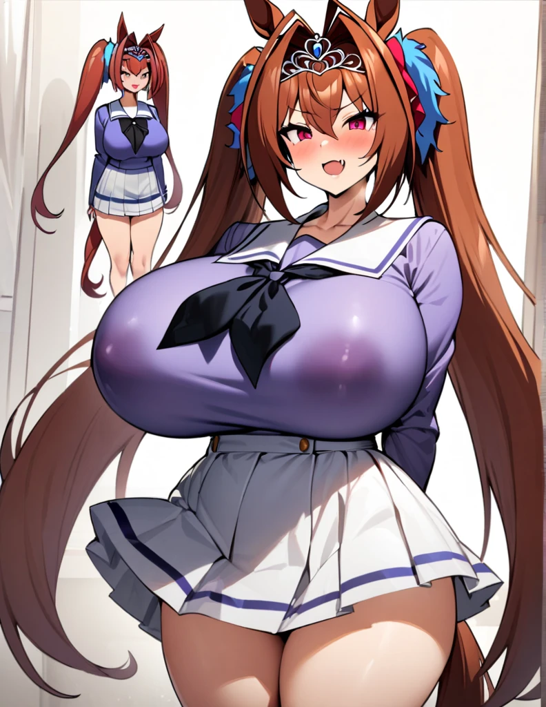 masterpiece, best quality, highres, 1girl, daiwa scarlet (umamusume), horse ears, long hair, twintails, tiara, horse tail, very long hair, brown hair, long sleeves, gigantic , Whipped thighs,Trasen School costume, white thighhig, White skirt, sailor shirt,Sailor collar, Purple shirt, a miniskirt,bangs,fang, red eyes, hair,between eyes, hair bow,  smile,standing,short stature,very near,lascivious,Females in heat,lecherous look,SFW,