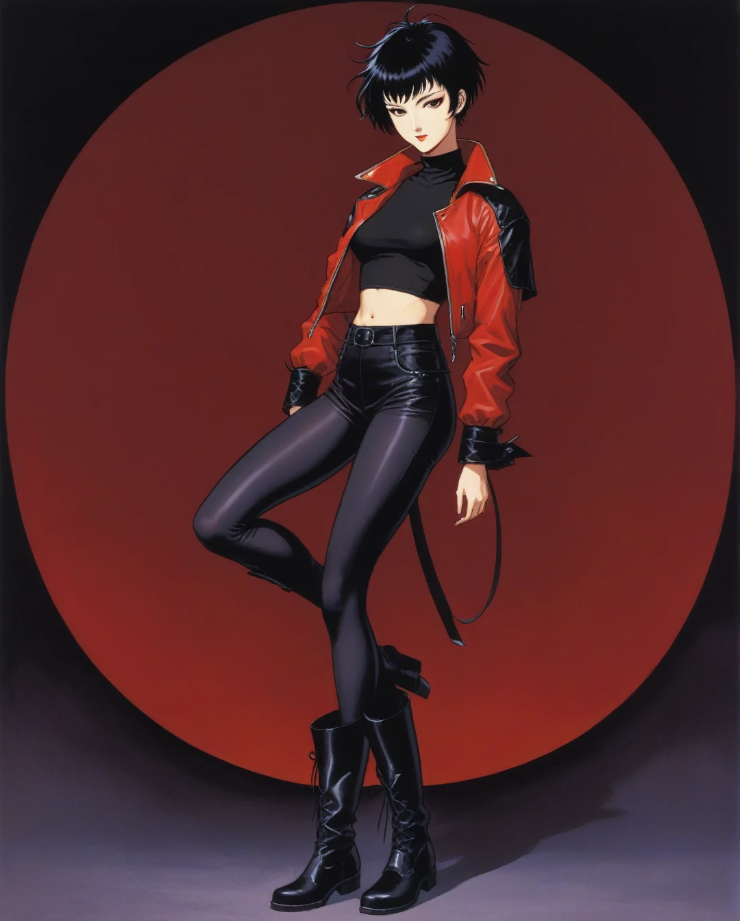 amano yoshitaka, a full-body, high-resolution anime style of A woman with black pixie cut hair, dressed in black tights, black boots, black crop top, and red leather jacket