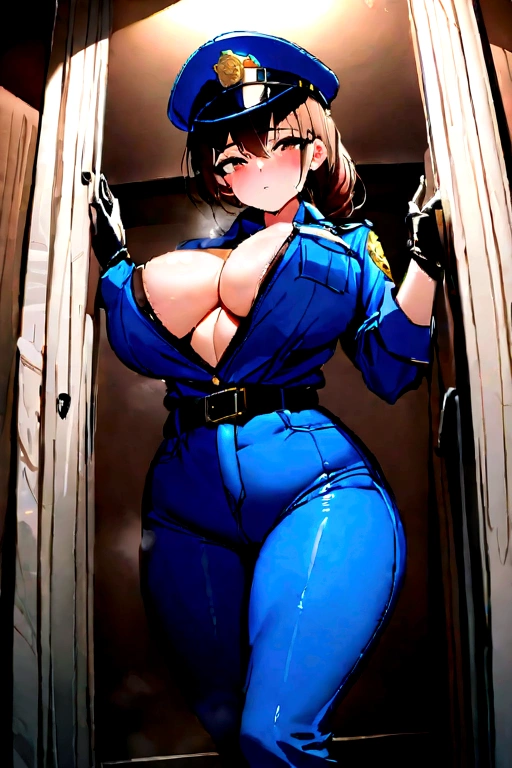 The highest image quality，striking details，ultrahigh-resolution，One ，Female police officer, braided hairstyle , dark brown hair , estilo dark，，She wears a sexy police uniform，in prison，She&#39;s on the street, sturdy body，Sexy and rugged，Detailed ABS，Detailed muscle lines，dynamicposes，Background to the prison cage，dark lights，dim lighting，grimy，humid, icy environment，handgun，chains，rusted，handcuff，Highly detailed police uniforms，Highly detailed police cap，police badge，wear a police cap，Highly detailed weapons，Highly detailed handcuffs，Highly detailed police equipment，facade，photo by full body，look from below para cima，look from below, looki na empresa viewer