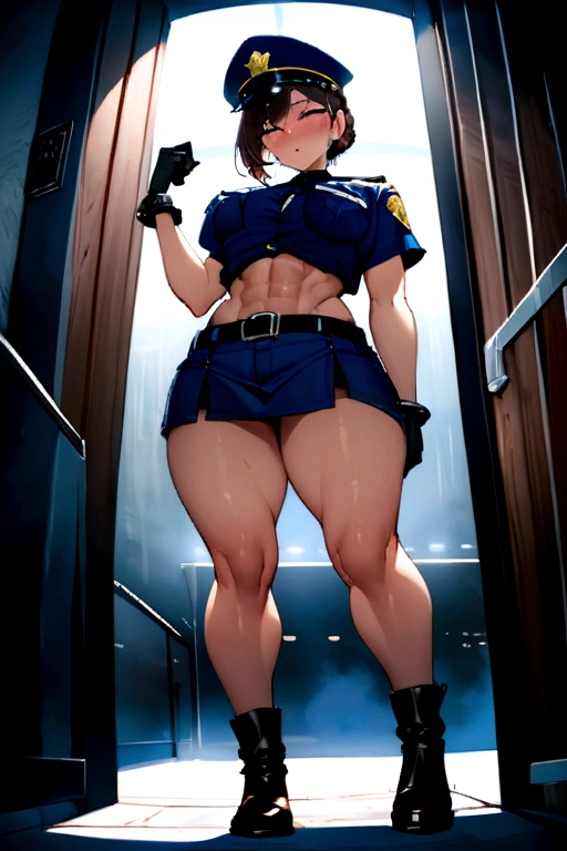 The highest image quality，striking details，ultrahigh-resolution，One ，Female prison guard , estilo dark，mechs，She wears a sexy police uniform，in prison，She&#39;s on the street, sturdy body，Sexy and rugged，Detailed ABS，Detailed muscle lines，dynamicposes，Background to the prison cage，dark lights，dim lighting，grimy，humid, icy environment，handgun，chains，rusted，handcuff，Highly detailed police uniforms，Highly detailed police cap，police badge，wear a police cap，Highly detailed weapons，Highly detailed handcuffs，Highly detailed police equipment，facade，photo by full body，look from below para cima，look from below, looki na empresa viewer