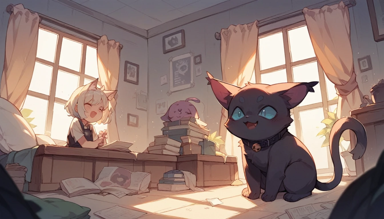 Inside the room、Hedoffon has one daughter、There is a black cat