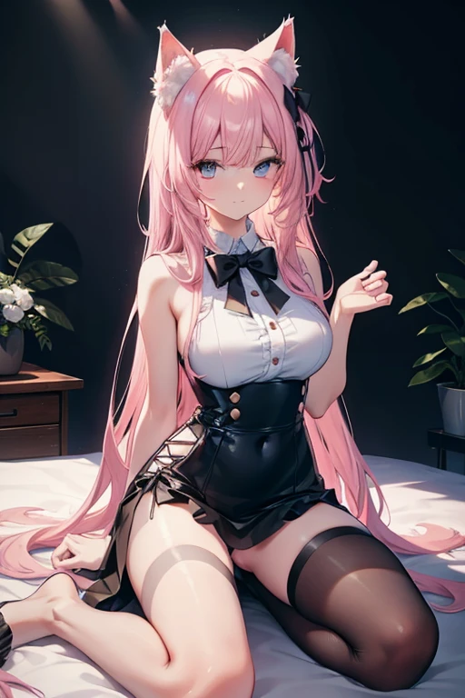 Cat girl,Cat ears,Perfect face,Radiant skin,Beautiful flowing long hair, Large breasts,Open breasts,exposed bare shoulders,slim toned body,Nice sexy body,tempting pose,Kneeling,Skinny white shirt with bow tie, tight black skirt, naked pink pussy,showing vagina, Five fingers,Long legs,8 k artistic photography, Arte conceptual fotorrealista, soft natural volumetric cinematic perfect light, Epic, trending on artstationh, vibrant, production cinematic character render, ultra high quality model, Chiaroscuro,