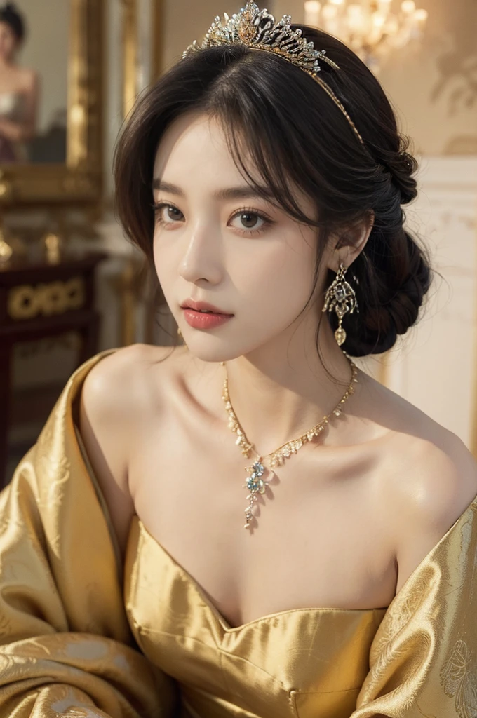 (((best quality))),(((ultra detailed))),(((masterpiece))),illustration,1 girl,solo,slim,thin,shoulder length straight bob hair,earrings,necklace,small breasts,flat chest,Asian appearance,princess,royal,Chinese palace,night scene,strapless magnificent bra,golden crown,intricate embroidery,luxurious fabric,precious stones,decorative patterns,rich decorations,luxurious furnishings,regal charm,beautiful face,gentle smile,bright eyes,historical,traditional,city lights,modernity,frozen moment,beauty of the past,evolution of time,from front,close-up of face