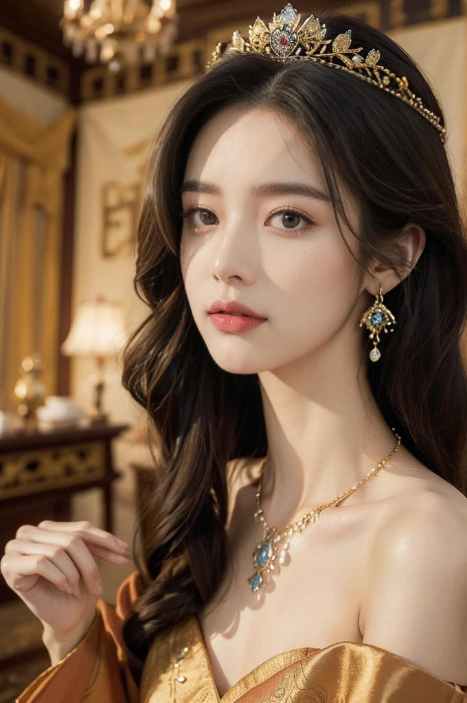 (((best quality))),(((ultra detailed))),(((masterpiece))),illustration,1 girl,solo,slim,thin,shoulder length straight bob hair,earrings,necklace,small breasts,flat chest,Asian appearance,princess,royal,Chinese palace,night scene,strapless magnificent bra,golden crown,intricate embroidery,luxurious fabric,precious stones,decorative patterns,rich decorations,luxurious furnishings,regal charm,beautiful face,gentle smile,bright eyes,historical,traditional,city lights,modernity,frozen moment,beauty of the past,evolution of time,from front,close-up of face