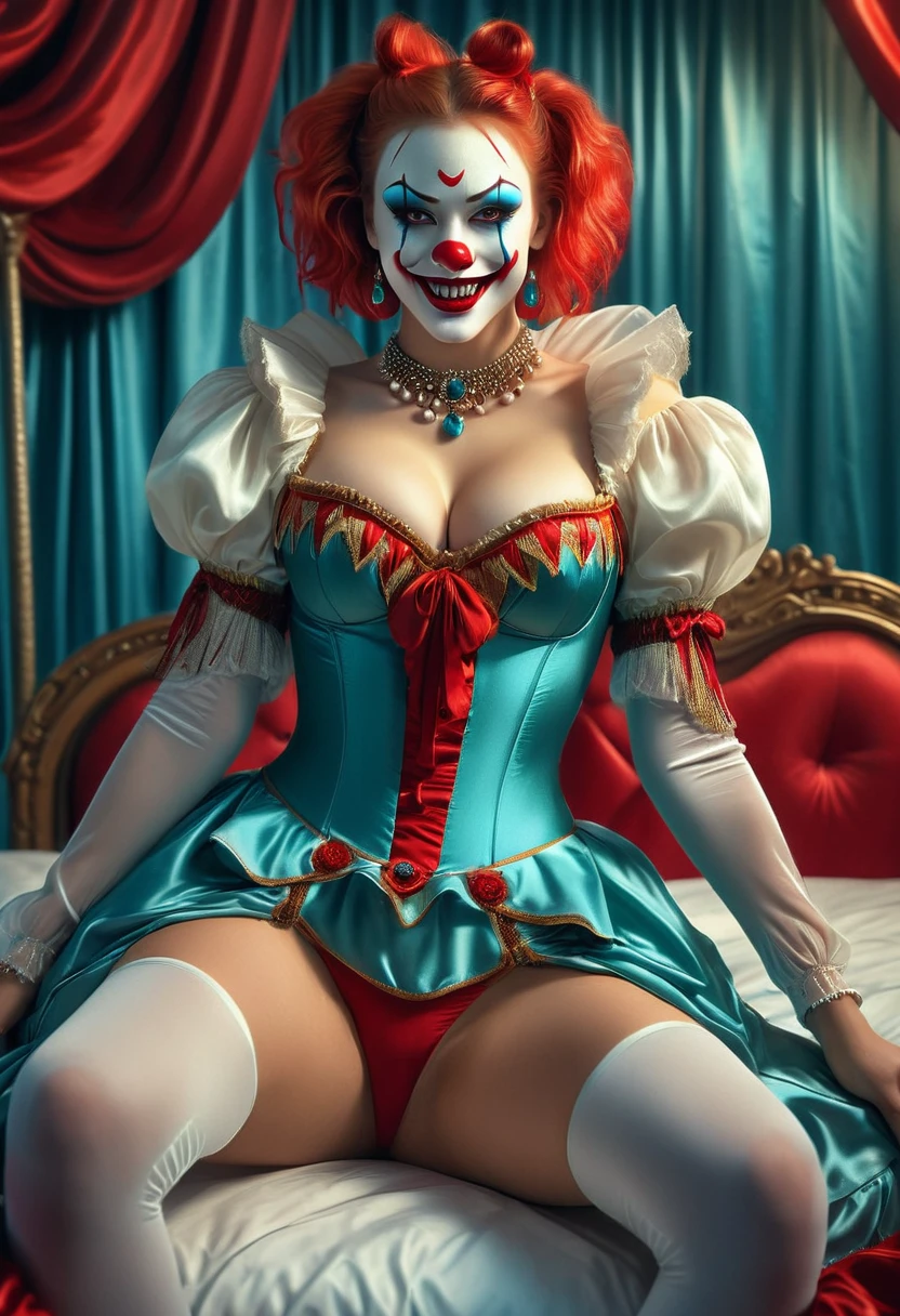 (masterpiece, 8K, UHD, RAW), a sexy girl kissing a evil clown in bed, (((a beautiful young woman riding on top of one huge horrific circus clown with a red nose))), (she rides the male Clown with lustful femininity), her beautiful body is covered by a sheer translucent white tunic with Art Nouveau embroidery, big sexy perky breasts, her pristine delicate features contrasts with the horrendous menacing fangs of the corrupted male clown, full body vibrant illustrations, intricately sculpted, realistic hyper-detailed portraits, queencore, depicts real life, the scene happens in a luxurious Art Nouveau boudoir with studio illumination, red and teal silk satin, Sexy smile,