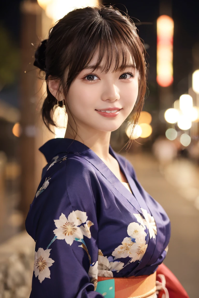 1 Girl,Bust up shot、I came to the Kyoto Fireworks Festival...、{{hair ornaments、There are fireworks in the background、Waist up shot、Drooling eyes、Droopy eyes、Hair tied up、Hair Bun}:1.4}、Snapshot of the night fireworks display、 {{Very clear and delicate blue eyes}}、(Japanese Kimono、Traditional yukata from the Showa era, Usually navy blue with floral print :1.2), (RAW Photos, highest qualそれy), (Realistic, Realistic:1.4), Tabletop, Very delicate and beautiful, Very detailed, 2k wallpaper, wonderful, finely, Very detailed CG Unそれy 8K 壁紙, Very detailed, High resolution, Soft Light, Beautiful detailed girl, Very detailed目と顔, Beautiful and sophisticated nose, finelyて美しい目, Cinema Lighting, Perfect Anatomy, Slender body, Was nervous, 
short hair, bangs, Looking at the audience, smile、（Big Breasts:1.5)