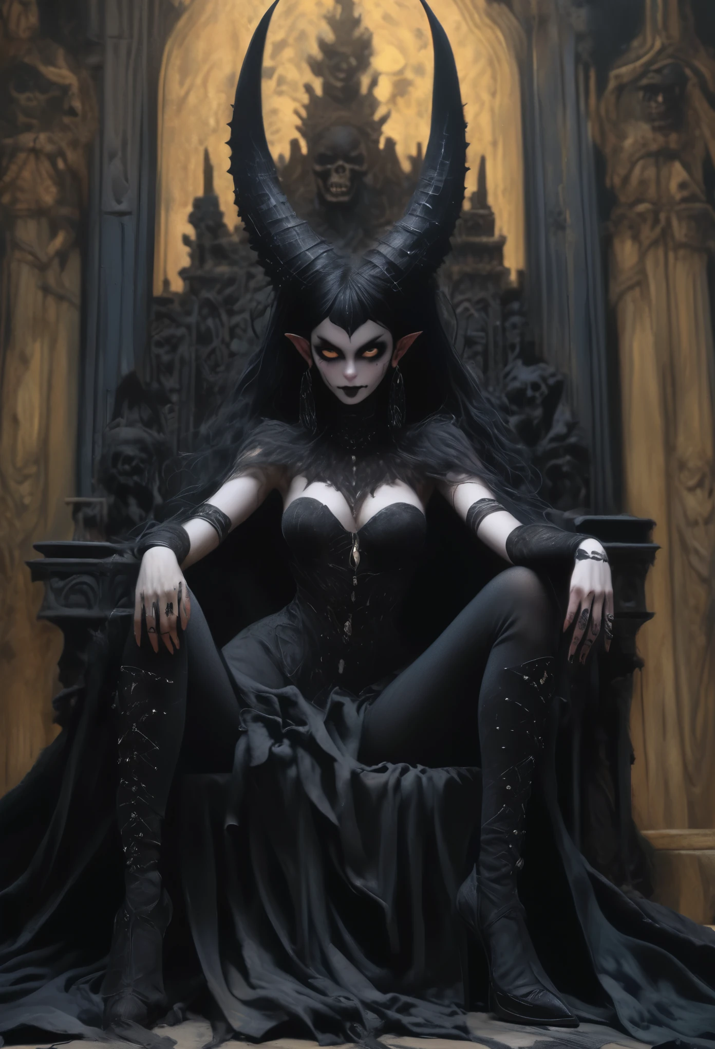 (medium full shot) of (attractive young woman:1.1) demon, (bone horns etched with tribal markings), mexican with dark hair, brown eyes, medium skin tone, medium build wearing Enigmatic black catsuit with sheer panels, fishnet stockings, pointed boots, smiling at the viewer, making a heart sign with her hands, ..set in Throne Room, Grand chamber with towering obsidian pillars, a massive black throne adorned with spikes and skulls, flickering torches casting dancing shadows, a cold gust of air blowing through tattered curtains, a palpable aura of power and malice , at sunset. Masterpiece,best quality, photorealistic, amazing quality, very aesthetic, extremely detailed face,
