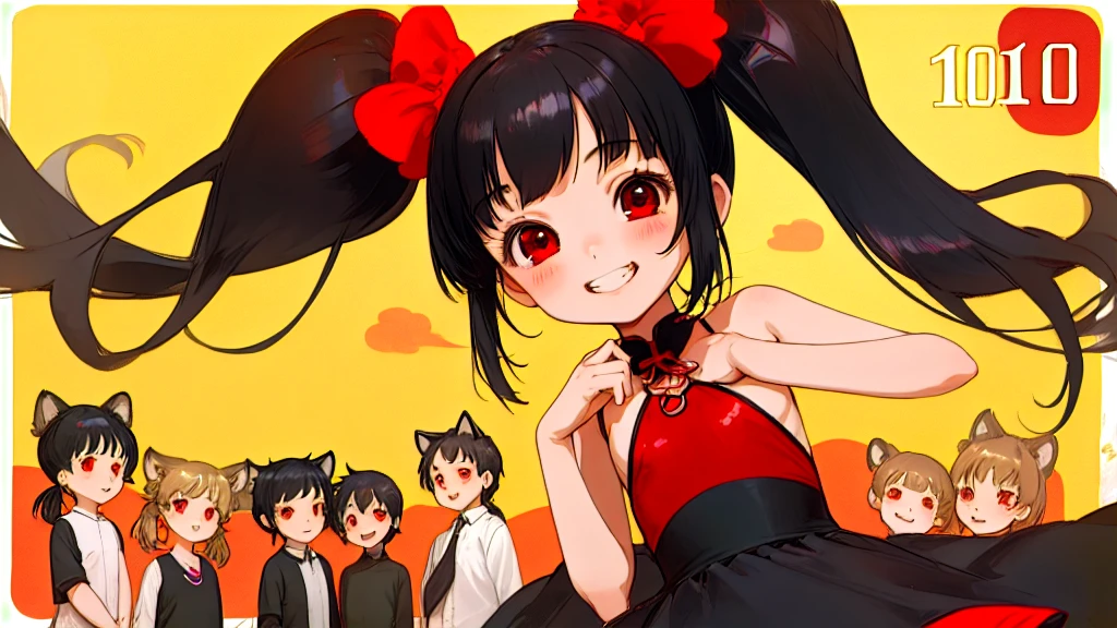 1girl, 10years old, loli, cute, 独奏, grin, naughty smile, flat chest, cute children fashion,　Black Hair、Red Eyes、Twin tails、Front facing