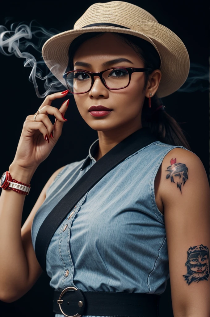 3D image of a beautiful woman wearing a hat holding a cellphone with glasses, hair tied, red nails wearing a watch, smoking, arms and chest with a tattoo that says "mBak'put", dark night background, the image looks real.
